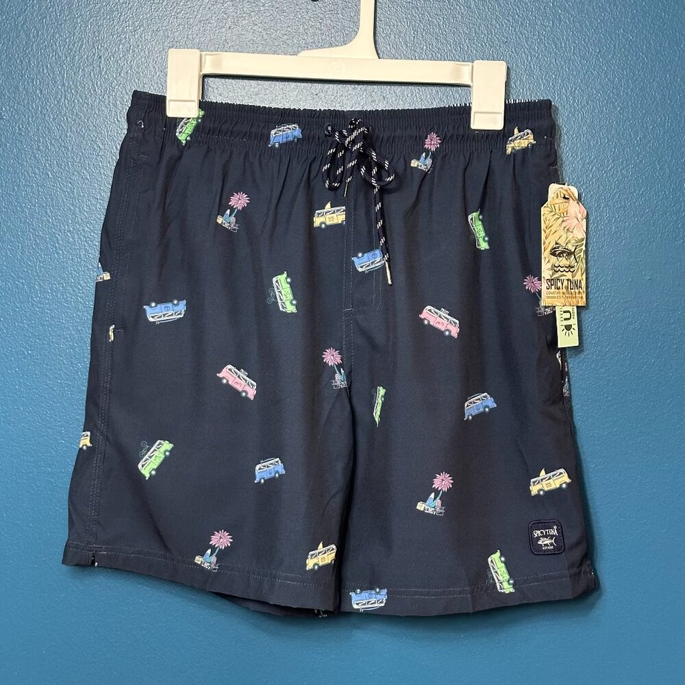 NWT Spicy Tuna Navy VW Palm Tree Peace Sign Design Men's Swim Shorts, Size Med